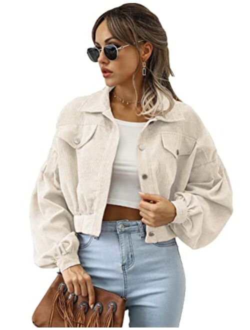 Qiaomai Womens Cropped Corduroy Jacket Loose Button Down Puff Sleeve Shacket Coat