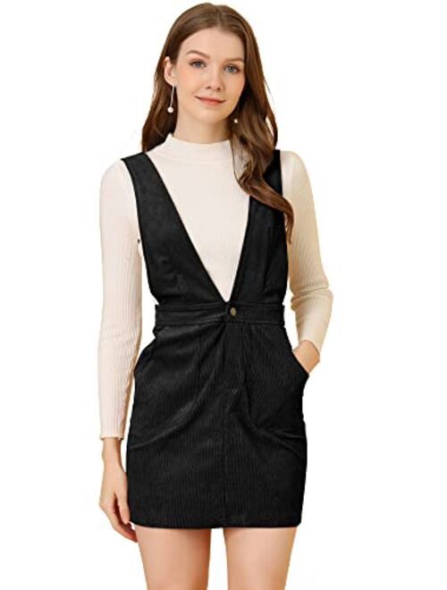 Allegra K Women's Corduroy Overall V Neck Strap Mini Pinafore Dress