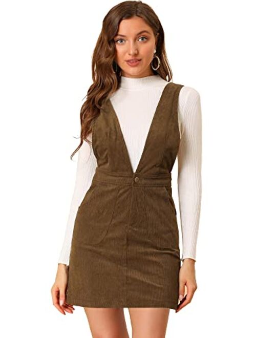 Allegra K Women's Corduroy Overall V Neck Strap Mini Pinafore Dress