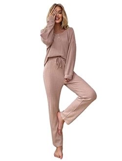 Women's 2 Piece Waffle Knit Button Down Long Sleeve Top and Pants Pj Lounge Set