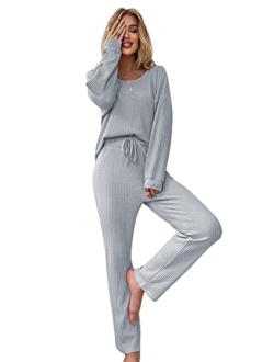 Women's 2 Piece Waffle Knit Button Down Long Sleeve Top and Pants Pj Lounge Set