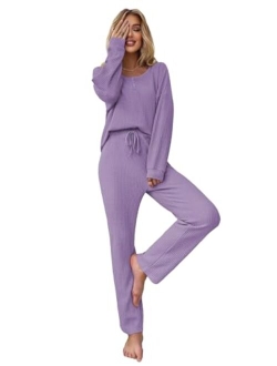 Women's 2 Piece Waffle Knit Button Down Long Sleeve Top and Pants Pj Lounge Set