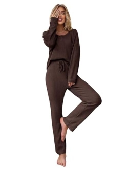 Women's 2 Piece Waffle Knit Button Down Long Sleeve Top and Pants Pj Lounge Set