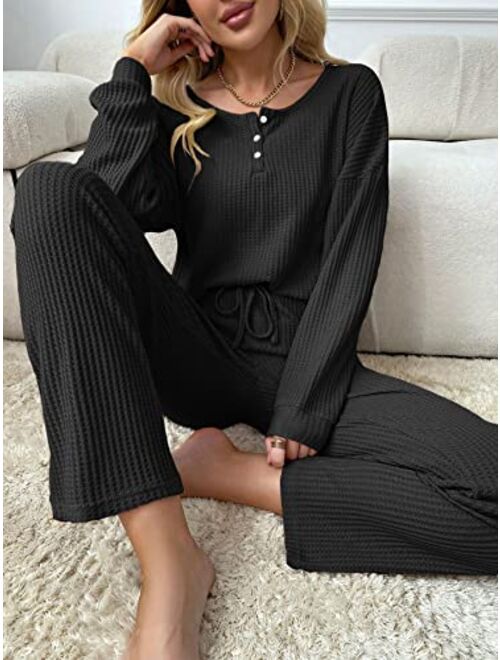 WDIRARA Women's 2 Piece Waffle Knit Button Down Long Sleeve Top and Pants Pj Lounge Set