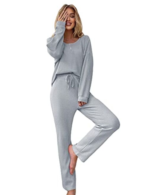 WDIRARA Women's 2 Piece Waffle Knit Button Down Long Sleeve Top and Pants Pj Lounge Set