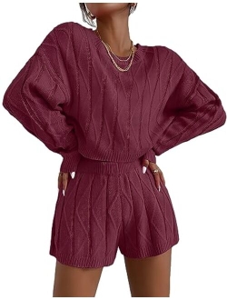 Knit Lounge Sets for Women 2 Piece Cozy Long Sleeve Pullover Sweater Top and Wide Leg Pants Set Pajamas Outfits