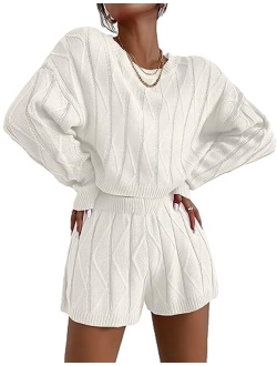 Knit Lounge Sets for Women 2 Piece Cozy Long Sleeve Pullover Sweater Top and Wide Leg Pants Set Pajamas Outfits