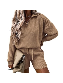 Women's 2 Piece Outfits 2023 Winter Long Sleeve V Neck Knit Pullover And Shorts Sweater Tracksuit Sets