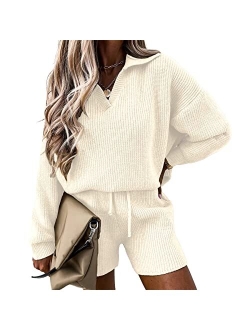 Women's 2 Piece Outfits 2023 Winter Long Sleeve V Neck Knit Pullover And Shorts Sweater Tracksuit Sets