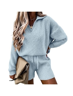 Women's 2 Piece Outfits 2023 Winter Long Sleeve V Neck Knit Pullover And Shorts Sweater Tracksuit Sets