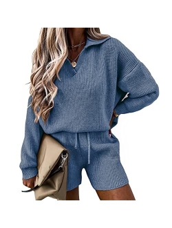 Women's 2 Piece Outfits 2023 Winter Long Sleeve V Neck Knit Pullover And Shorts Sweater Tracksuit Sets