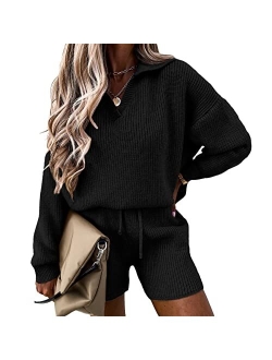 Women's 2 Piece Outfits 2023 Winter Long Sleeve V Neck Knit Pullover And Shorts Sweater Tracksuit Sets