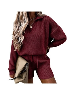 Women's 2 Piece Outfits 2023 Winter Long Sleeve V Neck Knit Pullover And Shorts Sweater Tracksuit Sets