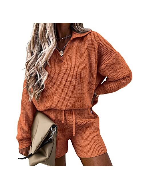 PRETTYGARDEN Women's 2 Piece Outfits 2023 Winter Long Sleeve V Neck Knit Pullover And Shorts Sweater Tracksuit Sets