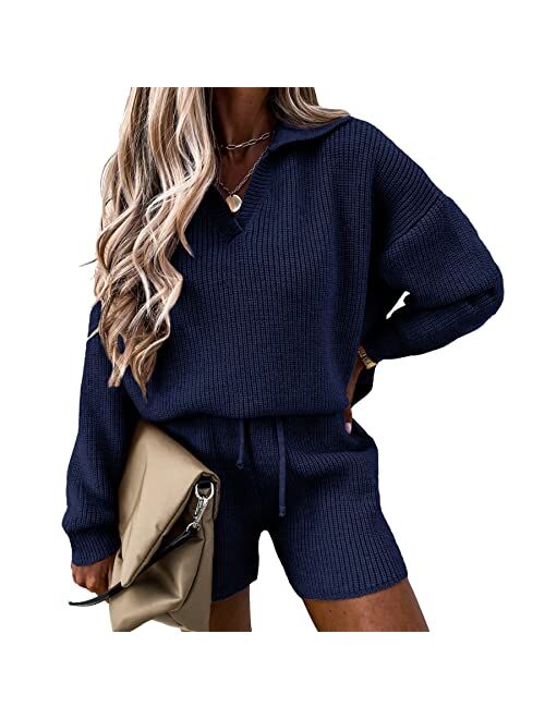 PRETTYGARDEN Women's 2 Piece Outfits 2023 Winter Long Sleeve V Neck Knit Pullover And Shorts Sweater Tracksuit Sets