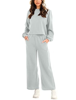 Womens Two Piece Outfits Long Sleeve Crop Top Wide Leg Pants Knit Sweatsuit Loungewear Sweatsuit Set