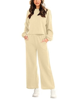 Womens Two Piece Outfits Long Sleeve Crop Top Wide Leg Pants Knit Sweatsuit Loungewear Sweatsuit Set