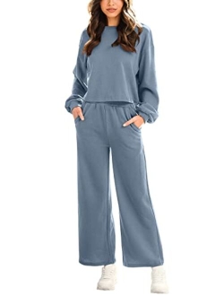 Womens Two Piece Outfits Long Sleeve Crop Top Wide Leg Pants Knit Sweatsuit Loungewear Sweatsuit Set