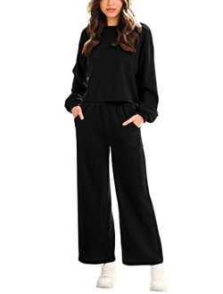 Womens Two Piece Outfits Long Sleeve Crop Top Wide Leg Pants Knit Sweatsuit Loungewear Sweatsuit Set