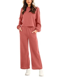 Womens Two Piece Outfits Long Sleeve Crop Top Wide Leg Pants Knit Sweatsuit Loungewear Sweatsuit Set