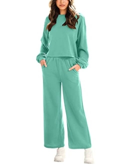 Womens Two Piece Outfits Long Sleeve Crop Top Wide Leg Pants Knit Sweatsuit Loungewear Sweatsuit Set