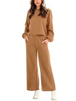 Womens Two Piece Outfits Long Sleeve Crop Top Wide Leg Pants Knit Sweatsuit Loungewear Sweatsuit Set