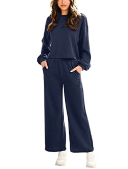 Womens Two Piece Outfits Long Sleeve Crop Top Wide Leg Pants Knit Sweatsuit Loungewear Sweatsuit Set