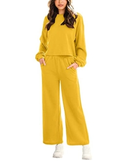 Womens Two Piece Outfits Long Sleeve Crop Top Wide Leg Pants Knit Sweatsuit Loungewear Sweatsuit Set