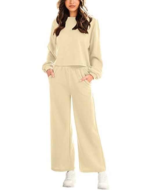 ANRABESS Womens Two Piece Outfits Long Sleeve Crop Top Wide Leg Pants Knit Sweatsuit Loungewear Sweatsuit Set