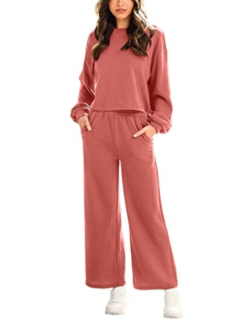 ANRABESS Womens Two Piece Outfits Long Sleeve Crop Top Wide Leg Pants Knit Sweatsuit Loungewear Sweatsuit Set