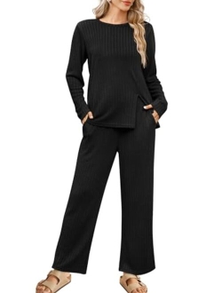 WIHOLL Womens Two Piece Outfits Lounge Sets Cozy Sweater Loungewear with Pockets