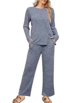 WIHOLL Womens Two Piece Outfits Lounge Sets Cozy Sweater Loungewear with Pockets