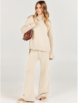 Women's Two Piece Outfits Sweater Sets Long Sleeve Knit Pullover and Wide Leg Pants Lounge Sets