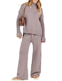 Women's Two Piece Outfits Sweater Sets Long Sleeve Knit Pullover and Wide Leg Pants Lounge Sets