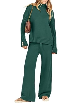 Women's Two Piece Outfits Sweater Sets Long Sleeve Knit Pullover and Wide Leg Pants Lounge Sets