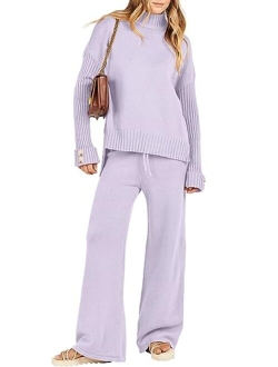 Women's Two Piece Outfits Sweater Sets Long Sleeve Knit Pullover and Wide Leg Pants Lounge Sets