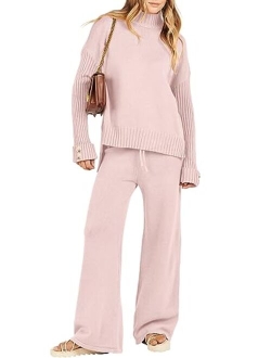 Women's Two Piece Outfits Sweater Sets Long Sleeve Knit Pullover and Wide Leg Pants Lounge Sets