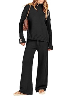 Women's Two Piece Outfits Sweater Sets Long Sleeve Knit Pullover and Wide Leg Pants Lounge Sets