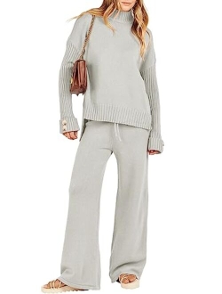 Women's Two Piece Outfits Sweater Sets Long Sleeve Knit Pullover and Wide Leg Pants Lounge Sets