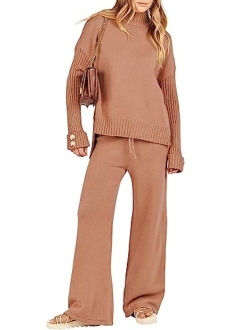 Women's Two Piece Outfits Sweater Sets Long Sleeve Knit Pullover and Wide Leg Pants Lounge Sets