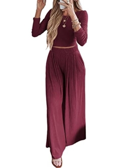 BTFBM Women's Two Piece Lounge Set Long Sleeve Bodycon Ribbed Knit Crop Top Loose Wide Leg Pant Casual Outfits Sweatsuit