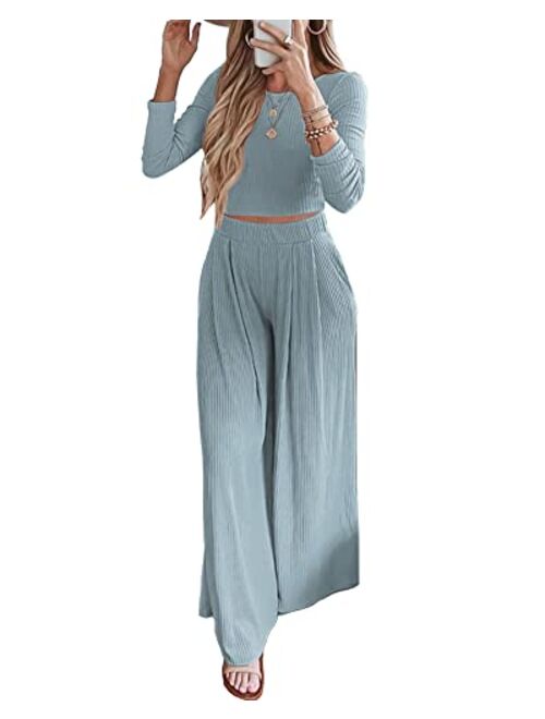 BTFBM Women's Two Piece Lounge Set Long Sleeve Bodycon Ribbed Knit Crop Top Loose Wide Leg Pant Casual Outfits Sweatsuit