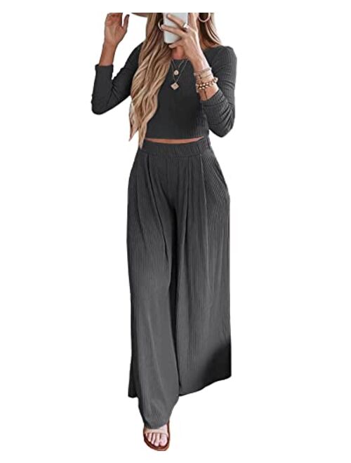 BTFBM Women's Two Piece Lounge Set Long Sleeve Bodycon Ribbed Knit Crop Top Loose Wide Leg Pant Casual Outfits Sweatsuit