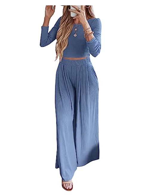 BTFBM Women's Two Piece Lounge Set Long Sleeve Bodycon Ribbed Knit Crop Top Loose Wide Leg Pant Casual Outfits Sweatsuit