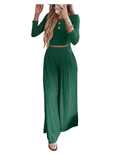 BTFBM Women's Two Piece Lounge Set Long Sleeve Bodycon Ribbed Knit Crop Top Loose Wide Leg Pant Casual Outfits Sweatsuit