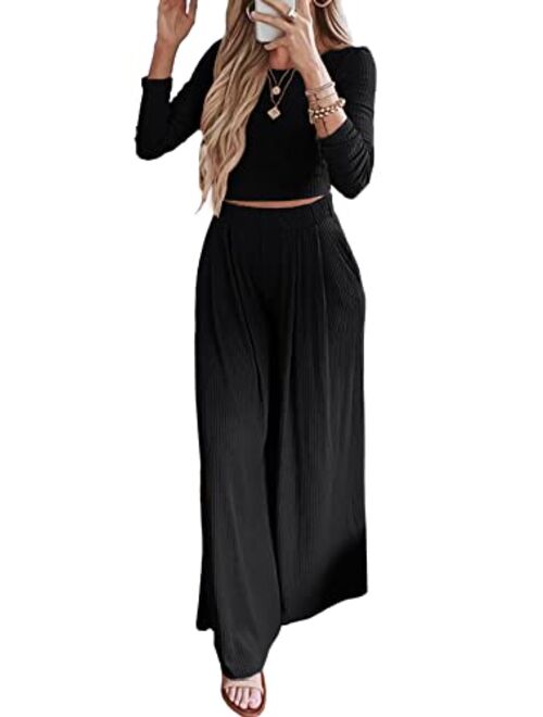 BTFBM Women's Two Piece Lounge Set Long Sleeve Bodycon Ribbed Knit Crop Top Loose Wide Leg Pant Casual Outfits Sweatsuit