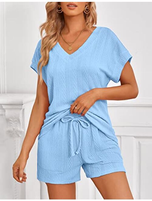 MEROKEETY Womens Short Sleeve Pajama Set Cable Knit Drawstring Tops and Shorts Loungewear