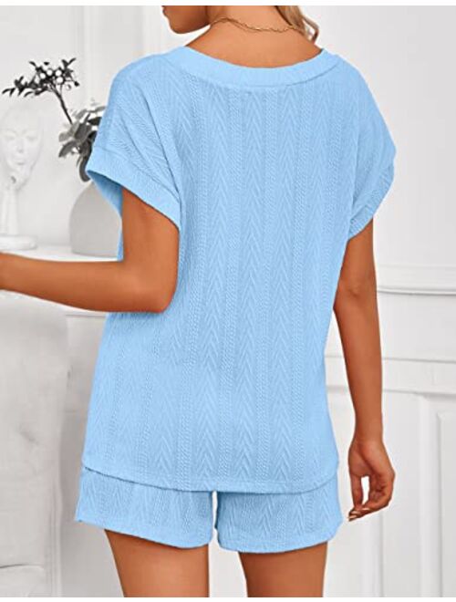 MEROKEETY Womens Short Sleeve Pajama Set Cable Knit Drawstring Tops and Shorts Loungewear