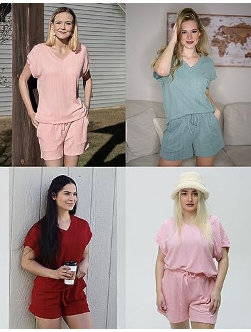 MEROKEETY Womens Short Sleeve Pajama Set Cable Knit Drawstring Tops and Shorts Loungewear