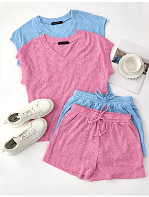 MEROKEETY Womens Short Sleeve Pajama Set Cable Knit Drawstring Tops and Shorts Loungewear